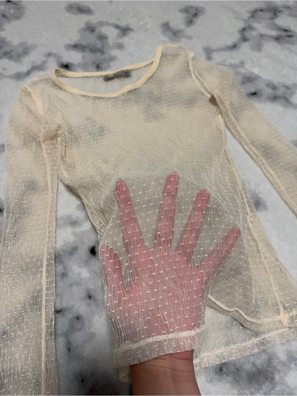 Sheer Cream Dot Mesh Long-Sleeve Top
